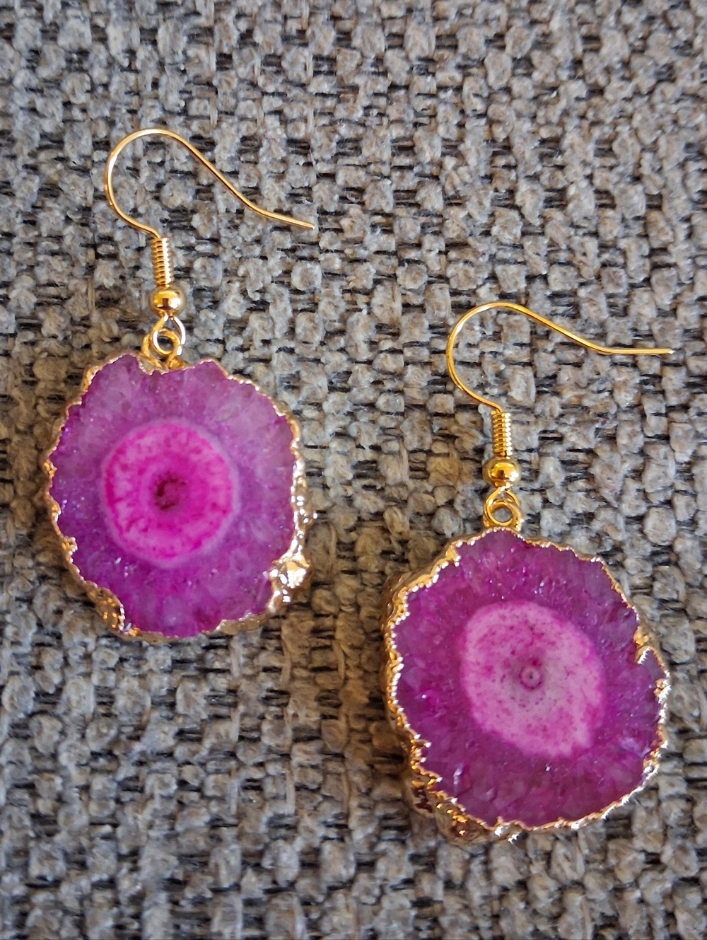 Gold-Edged Pink Agate Slice Drop Earrings